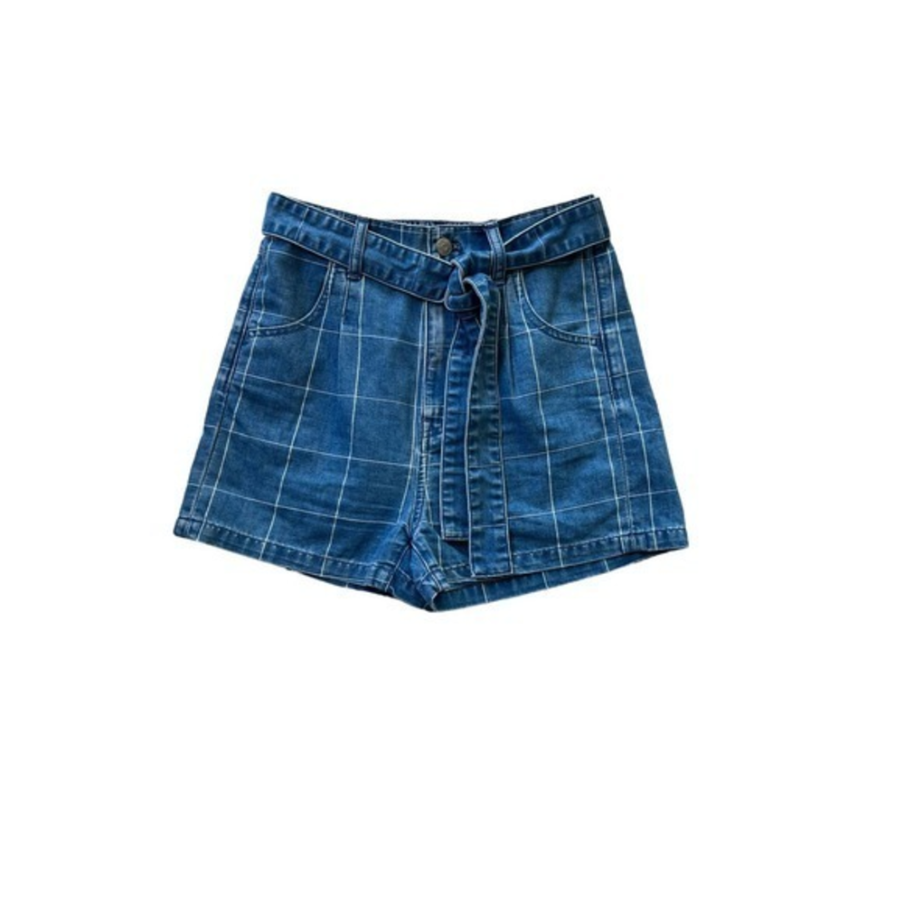 Madewell Denim Paperbag Shorts in Indigo Blue Windowpane 25 Tie Waist EUC Cotton
